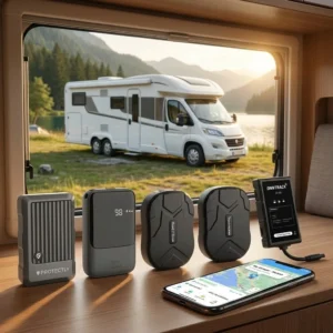 GPS trackers voor camper naast smartphone met live tracking app en camper op de achtergrond