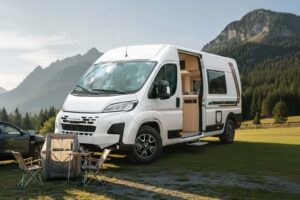Moderne witte camper op bergcamping met open schuifdeur en zitplek in de natuur