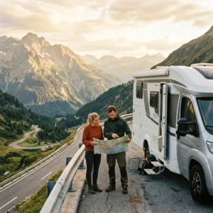 Stel bekijkt routekaart naast camper in berggebied