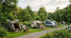 Camper op kleine camping in natuurlijke omgeving met veel rust en ruimte