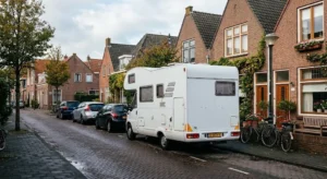 Grote witte camper geparkeerd in een Nederlandse woonwijk met beperkte parkeerruimte