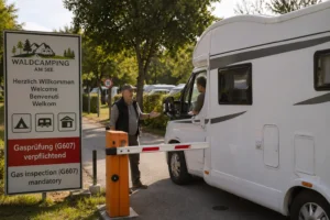 Nederlandse camper wordt gecontroleerd bij Duitse camping ingang vanwege gaskeuring