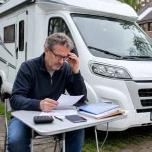 Camperbezitter bekijkt papieren en kostenoverzicht naast een geparkeerde camper.
