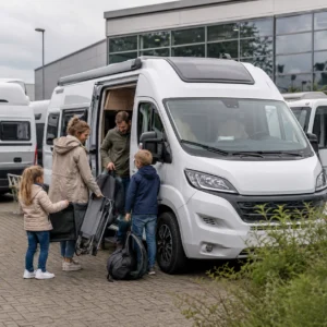 Jong gezin bekijkt camper bij showroom voor kampeervakantie