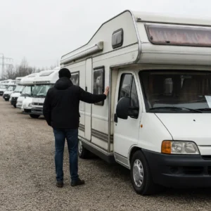Tweedehands camper op een occasionterrein terwijl kopers de gebruikte campermarkt vergelijken.